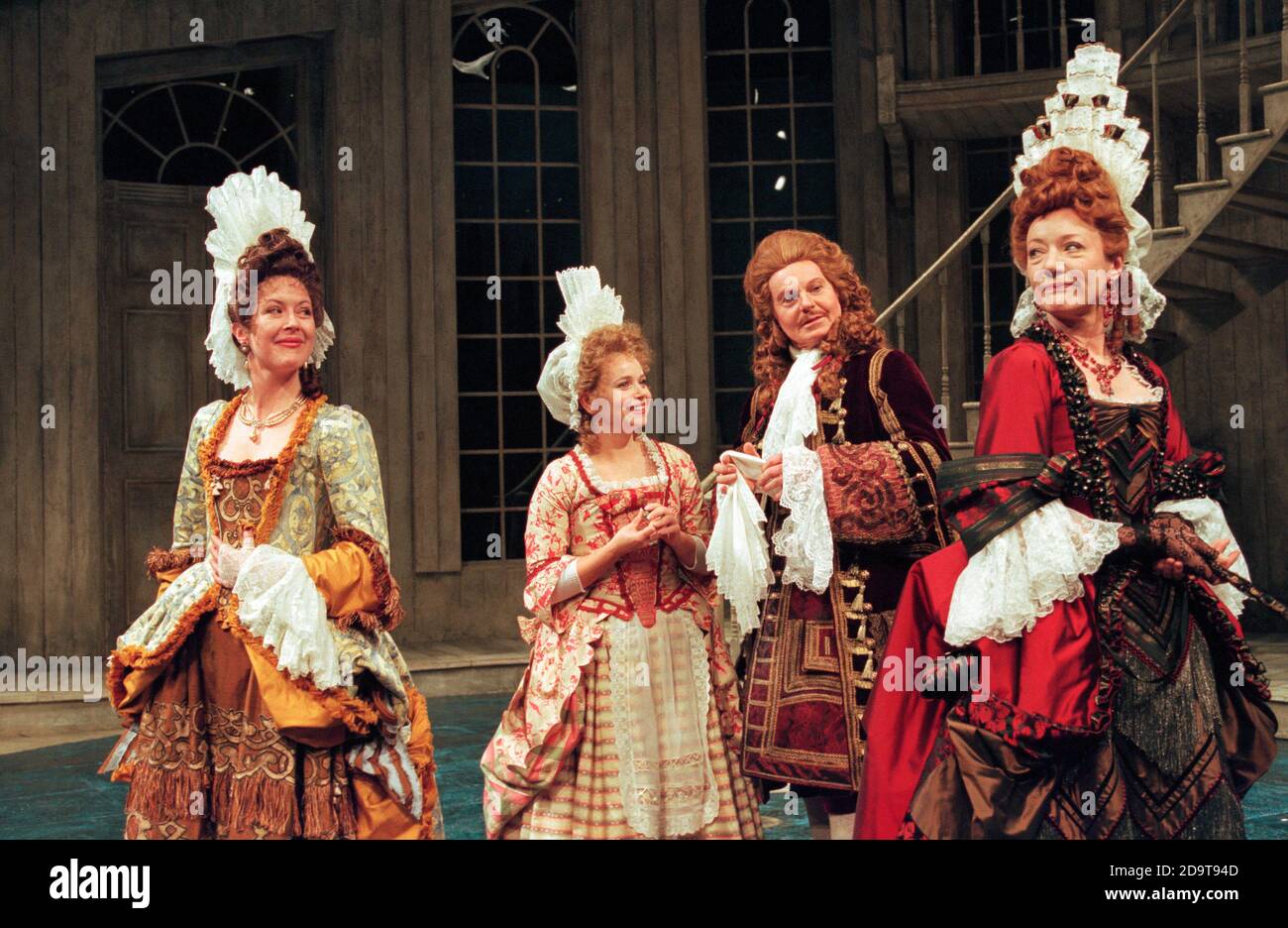l-r: Jenny Quayle (Mrs Foresight), Rebecca Lacey (Miss Prue), Derek Jacobi (Jack Tattle), Jennifer Hilary (Mrs Frail) in LOVE FOR LOVE by William Congreve at the Chichester Festival Theatre, West Sussex, England  27/04/1996  design: Tim Goodchild  lighting: Nick Chelton  choreography: Lindsay Dolan  director: Ian Judge Stock Photo