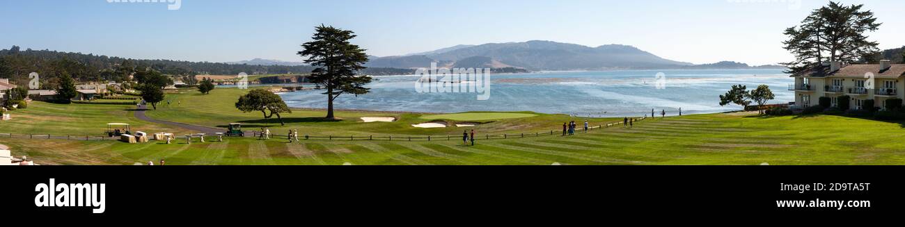 Panoramic view of Pebble Beach Golf Links Stock Photo