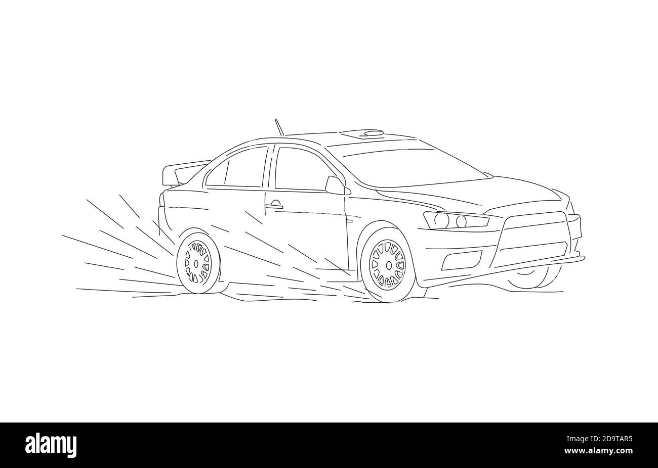 Line illustration of sport car on race in speed motion, drifting in mud, sketch Stock Vector