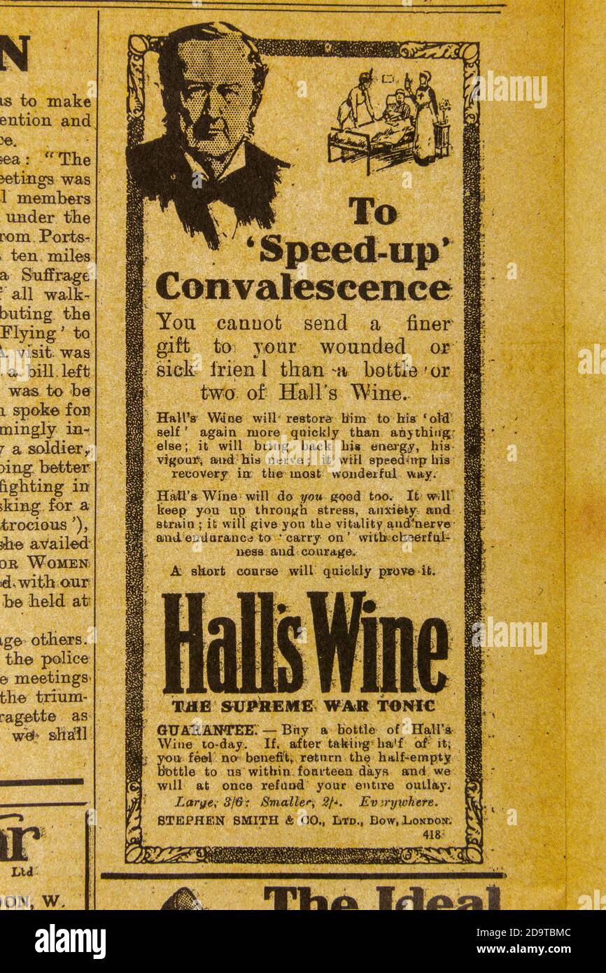 Advert for Hall's Wine, the supreme war tonic, 'Votes For Women' magazine, 16th July 1915: replica memorabilia of the Suffragettes Movement, UK. Stock Photo