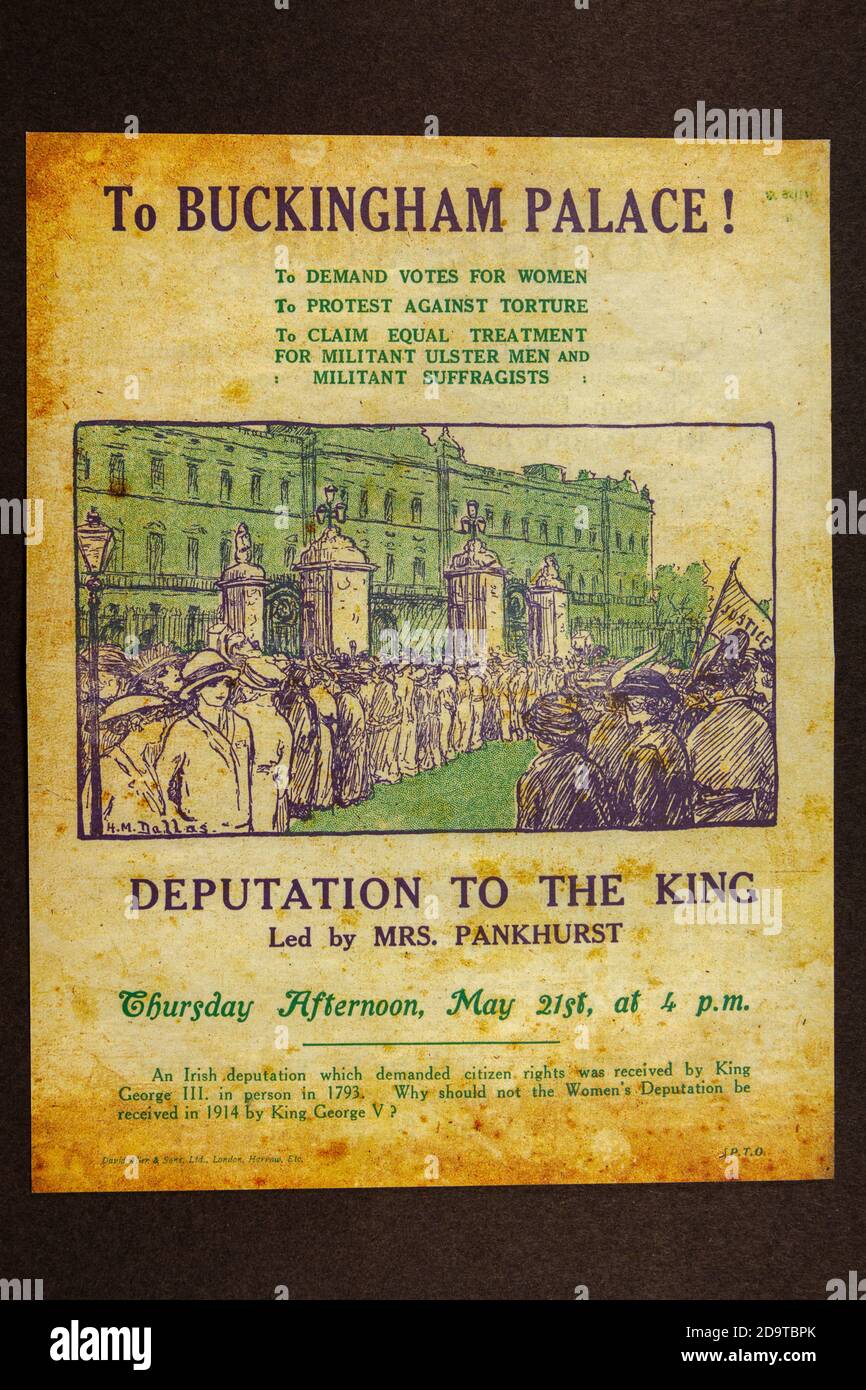 Protest march leaflet, led by Mrs Emmeline Pankhurst, of Suffragette Deputation to the King, 1914: replica memorabilia relating to the Suffragettes. Stock Photo