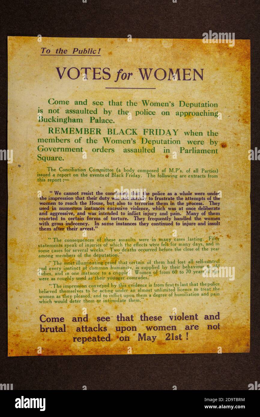 Protest march leaflet, led by Mrs Emmeline Pankhurst, of Suffragette Deputation to the King, 1914: replica memorabilia relating to the Suffragettes. Stock Photo