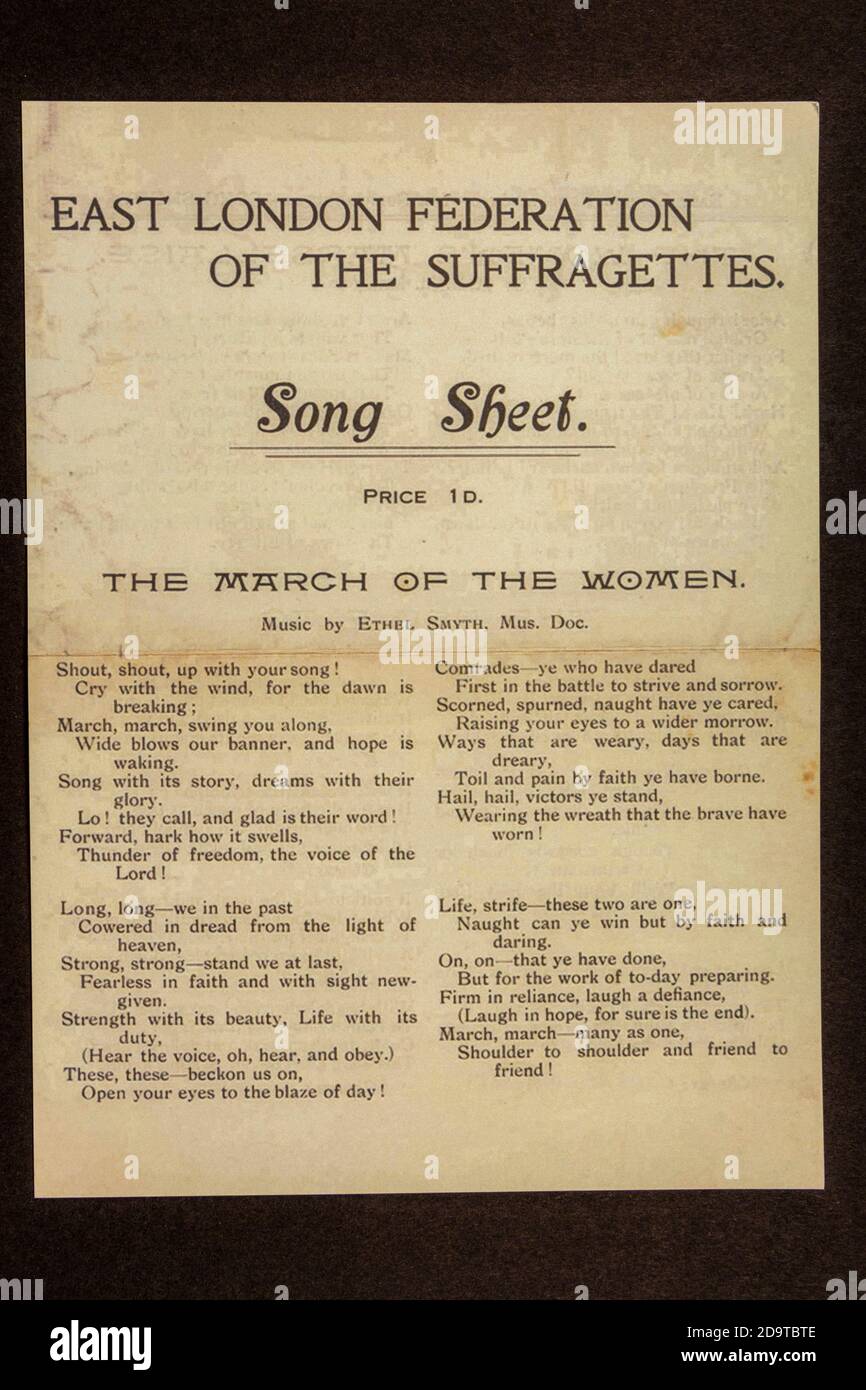 Song sheet for 'The March of the Women' , replica memorabilia relating to the Suffragette Movement in Britain. Stock Photo