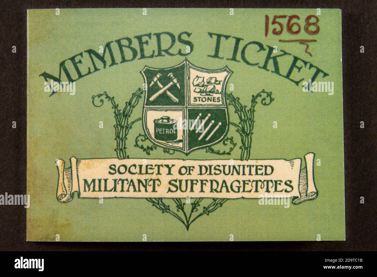 'Members Ticket to Society of Disunited Militant Suffragettes' a membership card for Suffragettes, replica memorabilia, Suffragette Movement in UK. Stock Photo