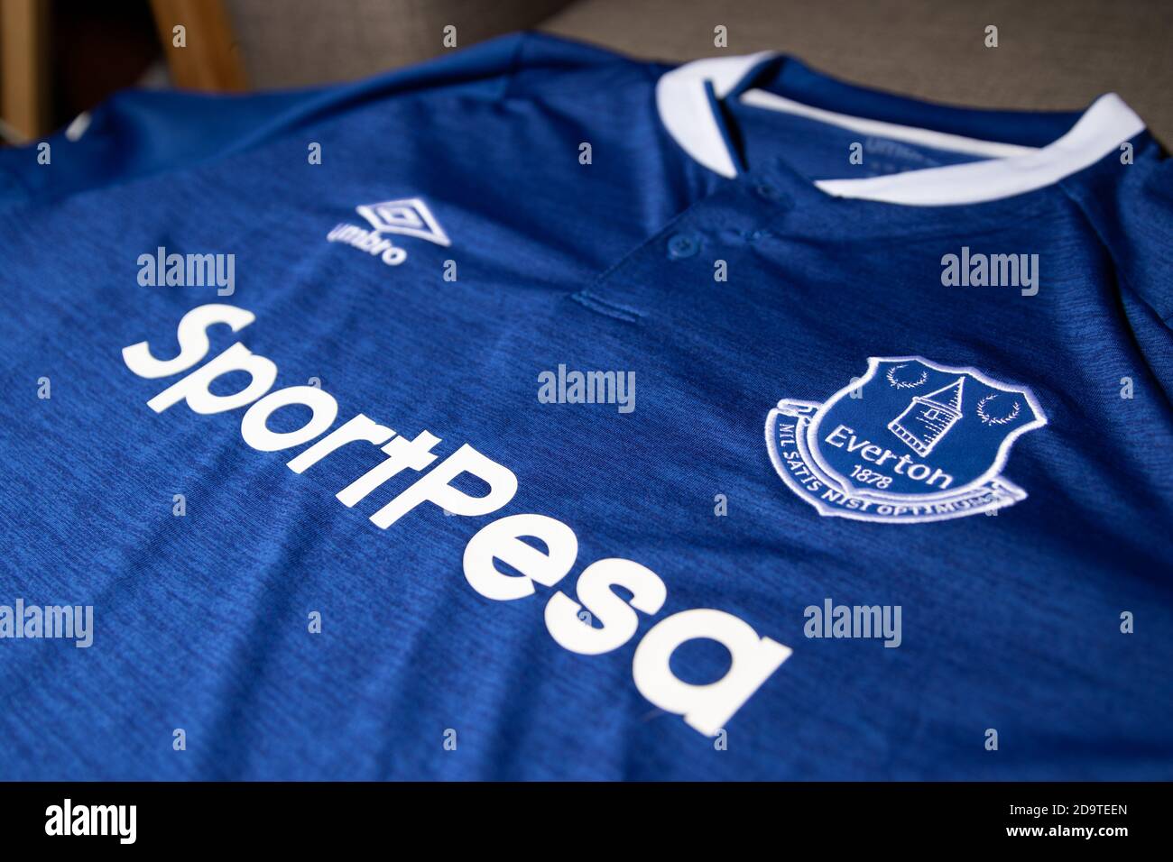 Everton Fc Umbro Shirt With Sportpesa Sponsorship Branding Stock Photo Alamy