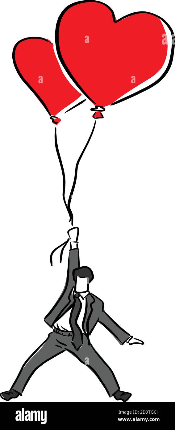 business flying with two heart shape balloons vector illustration sketch doodle hand drawn with black lines isolated on white background Stock Vector