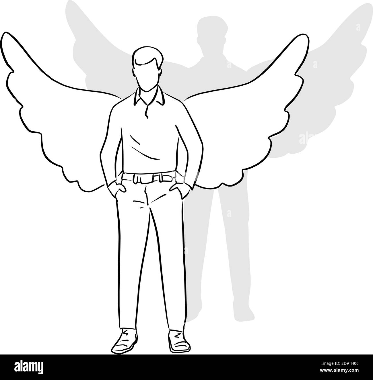 full length of man standing with wings on his back vector illustration sketch doodle hand drawn with black lines isolated on white background Stock Vector