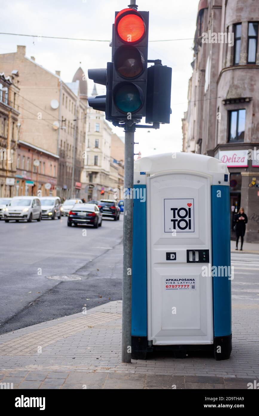 RIGA, LATVIA. 19th October 2020. TOI TOI company toilet on the street. 'Toi Toi' brand leases streets bio toilets in 33 countries of the world. Stock Photo