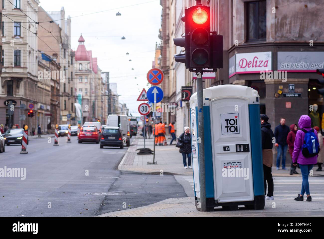 RIGA, LATVIA. 19th October 2020. TOI TOI company toilet on the street. 'Toi Toi' brand leases streets bio toilets in 33 countries of the world. Stock Photo