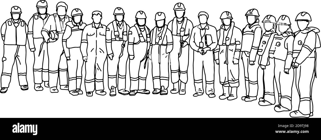 fifteen workers in protective suit with heard hat standing together vector illustration sketch doodle hand drawn with black lines isolated on white ba Stock Vector