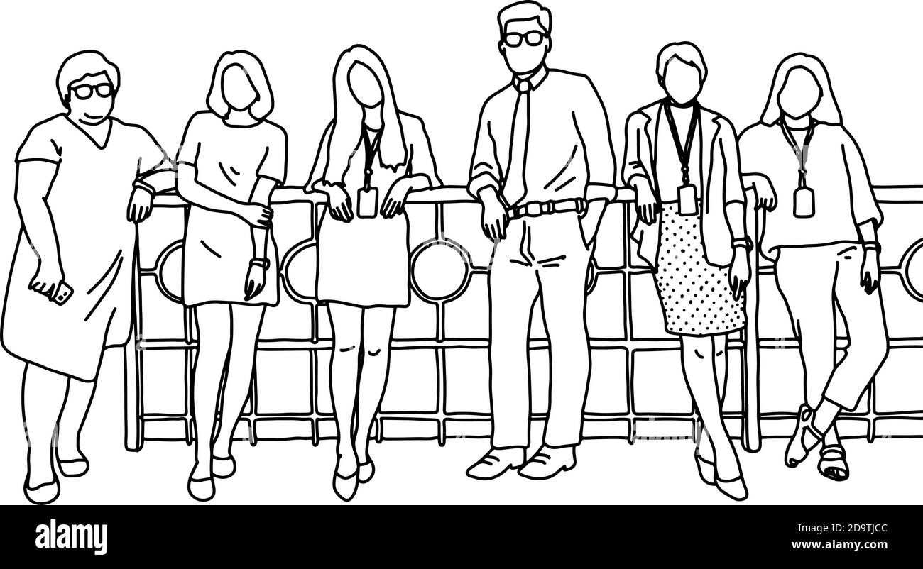 one businessman and five businesswomen standing together vector illustration sketch doodle hand drawn with black lines isolated on white background. T Stock Vector