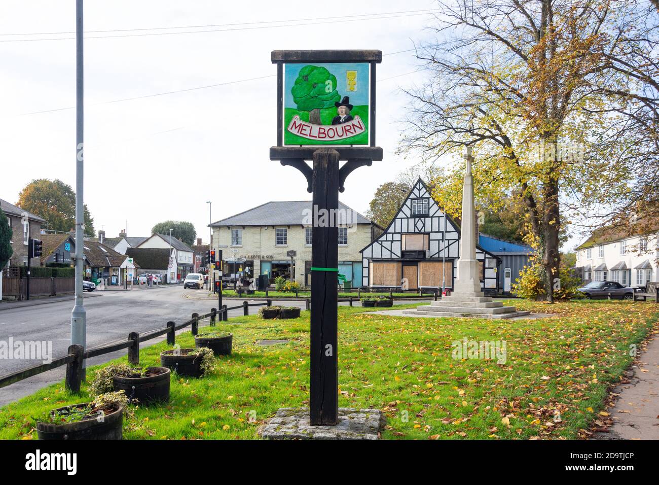 Village sign, High Street, Melbourn, Cambridgeshire, England, United Kingdom Stock Photo