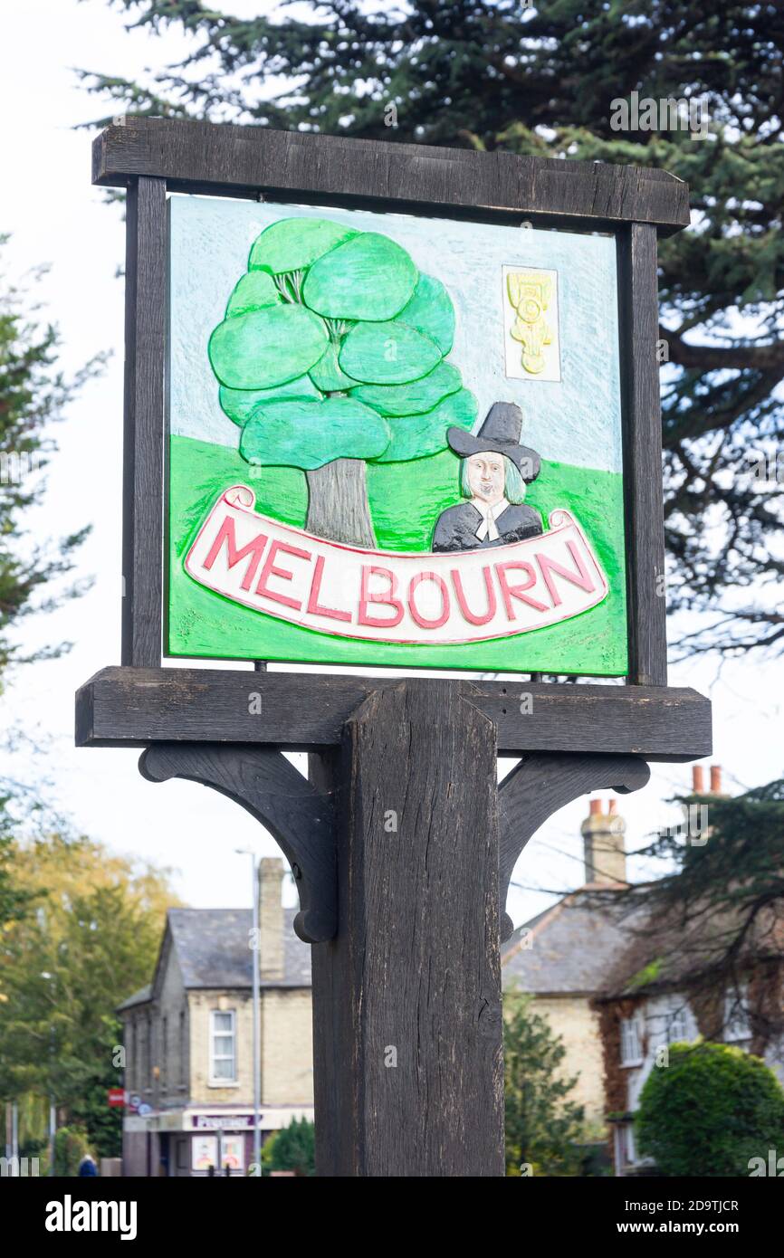 Village sign, High Street, Melbourn, Cambridgeshire, England, United Kingdom Stock Photo