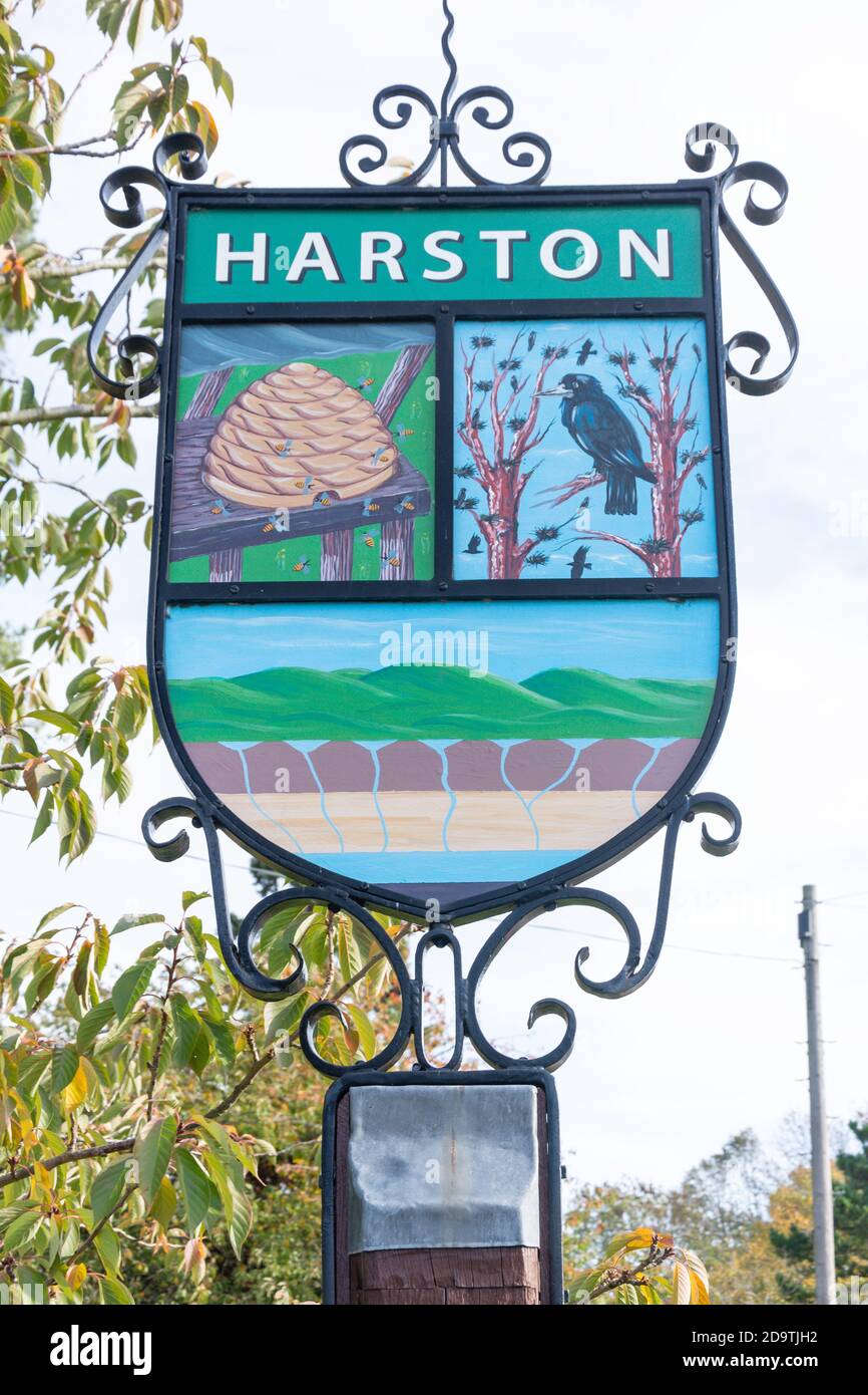 Village sign, Harston, High Street, Cambridgeshire, England, United Kingdom Stock Photo