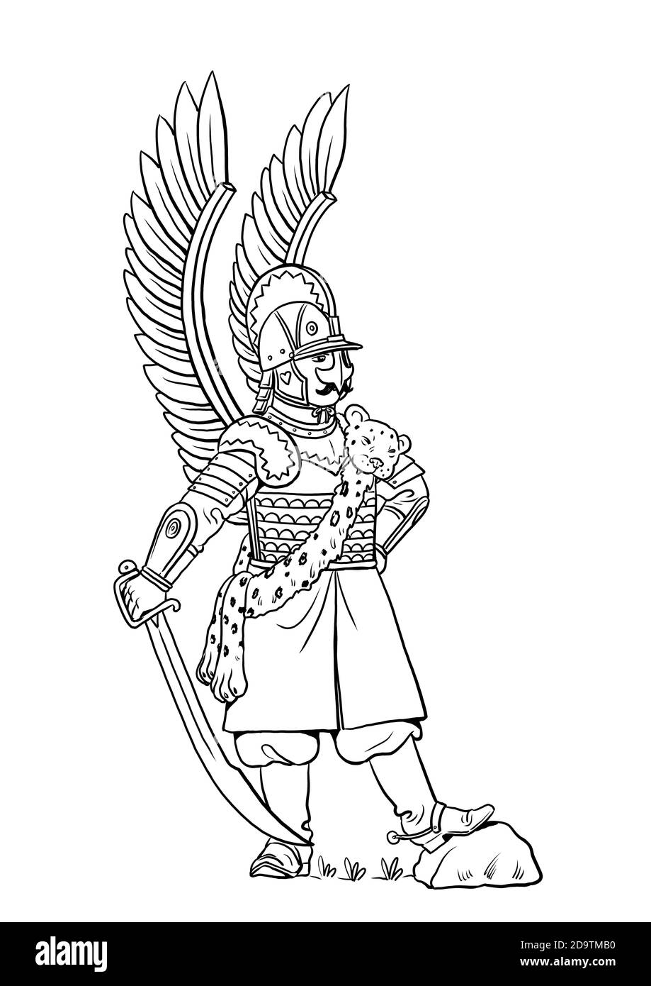 Winged polish hussar for coloring. Colouring template for children. Stock Photo