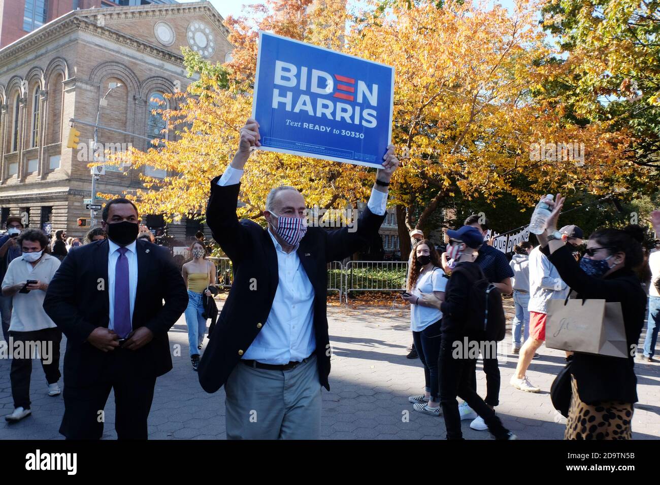 new york senator charles schumer celebrates the projected win of Biden/Harris in Washington Square Park, NY on 11.7.20 Stock Photo