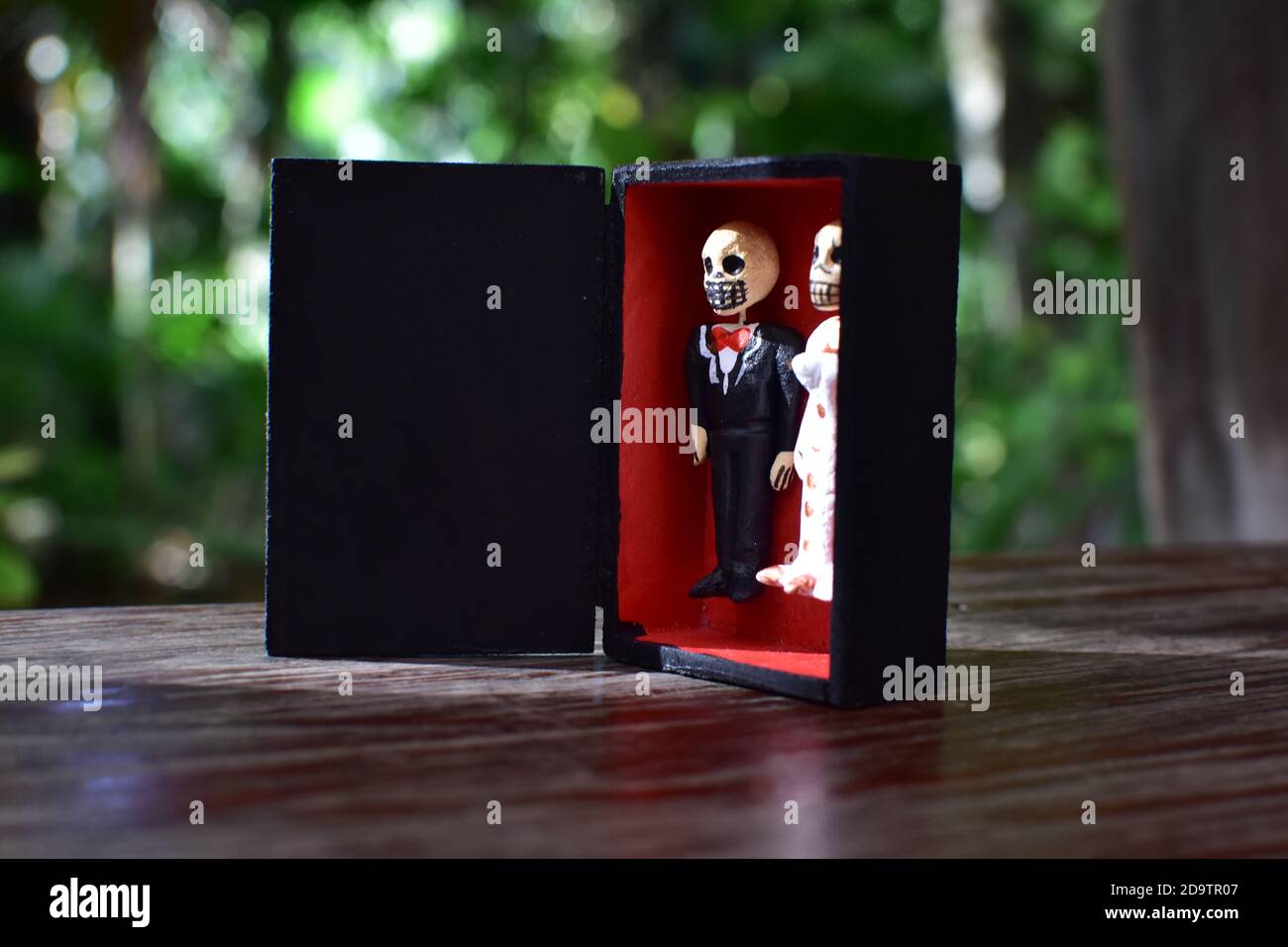 Closeup of dead couple dolls in a coffin on the table in a garden in Mexico Stock Photo
