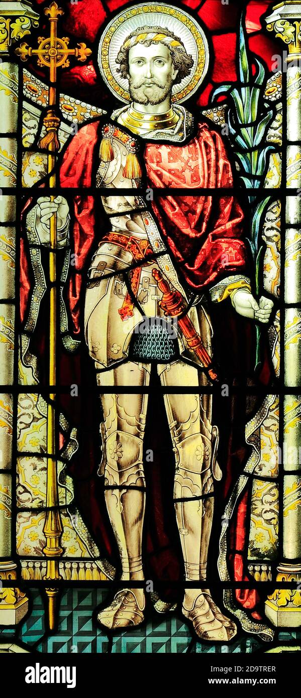 Stained glass, St. Felix, of Dunwich, first bishop of East Angles, late 19th century window by Heaton, Butler & Bayne, West Newton, Norfolk, England Stock Photo