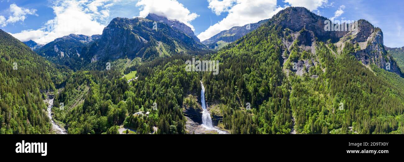 Aerial panoramic view of Cascade du Rouget (Rouget Waterfalls) in Sixt-fer-a-cheval in Haute-Savoie France Stock Photo