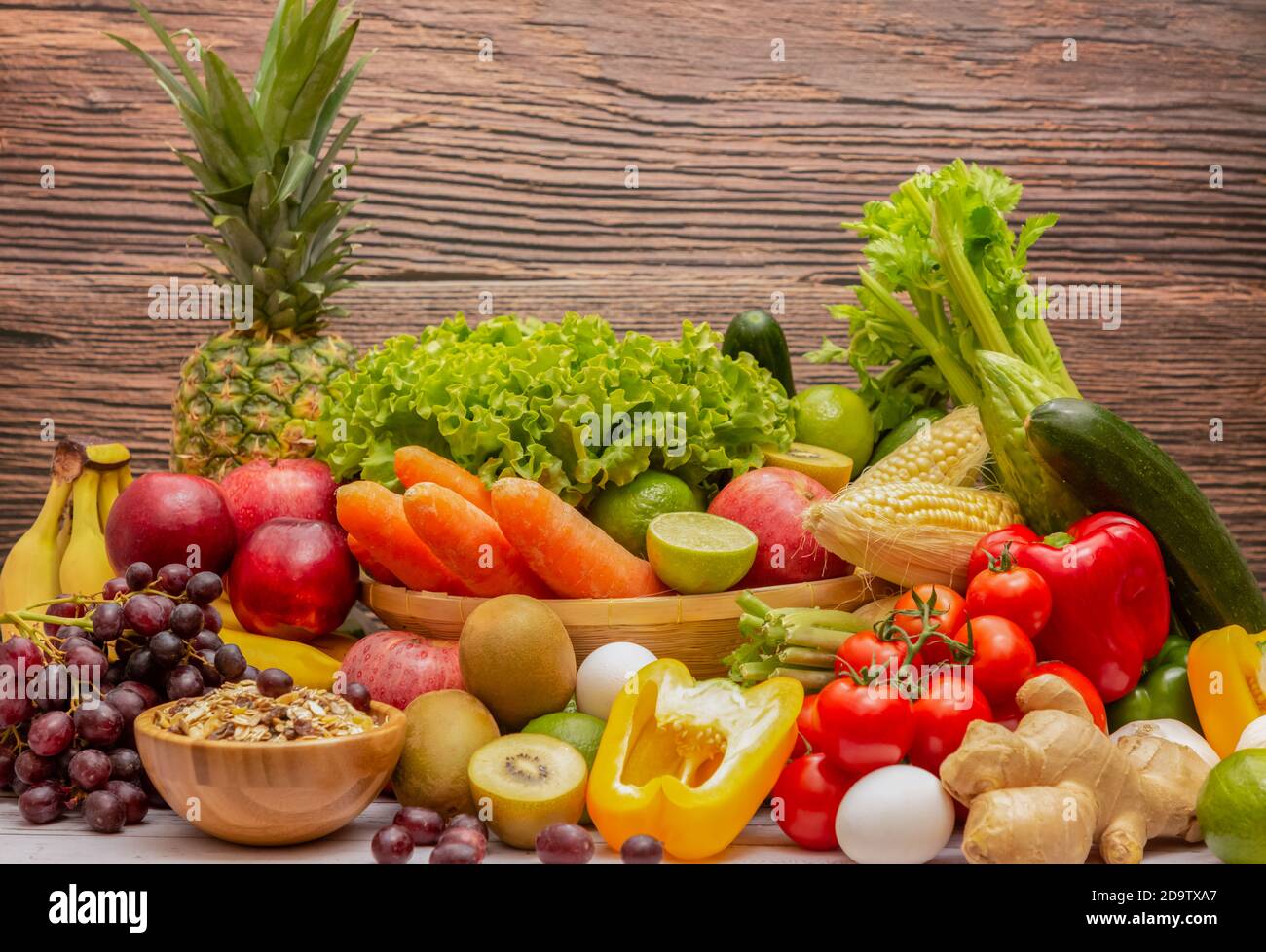 Assortment of Fresh vegetables and fruits background,Healthy food Stock ...