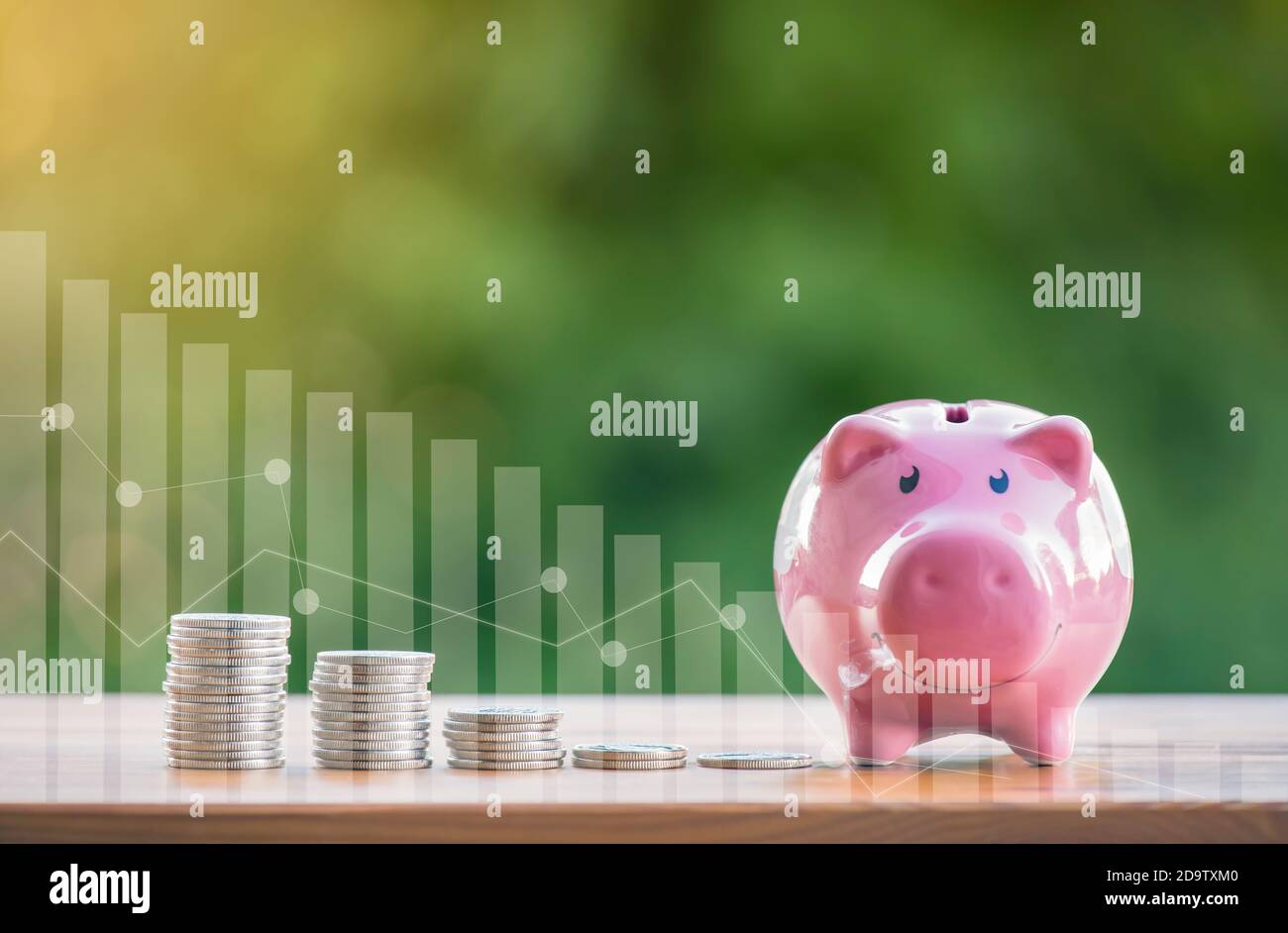 Happy pink Piggy Bank in close-up and coins stack with line control in ...