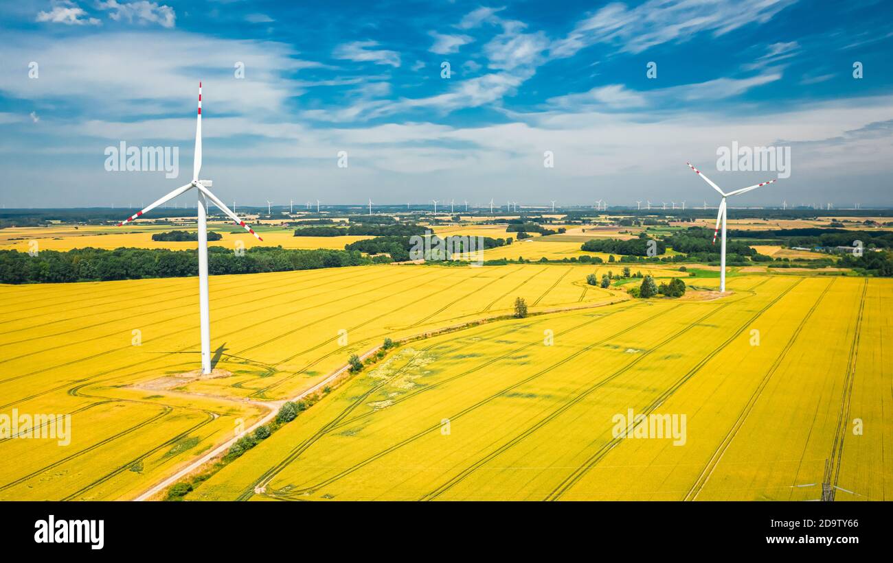 Wind turbines on yellow field, aerial view of Poland, Europe Stock ...