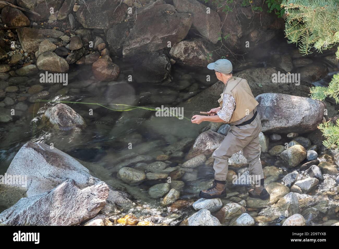 Active senior man fishing for trout in Little Cottonwood Creek, near the summit of the Wasatch Mountains, Salt Lake County, Utah, USA. Stock Photo