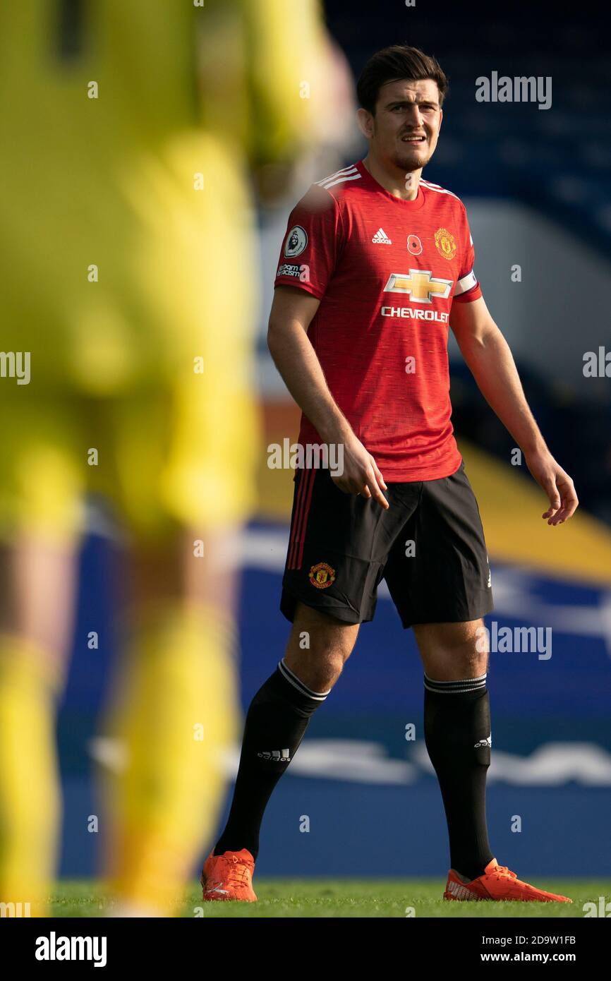 Liverpool. 8th Nov, 2020. Manchester United's Harry Maguire waits for the ball during the Premier League match between Everton and Manchester United at Goodison Park Stadium in Liverpool, Britain, on Nov. 7, 2020. Manchester United won 3-1. Credit: Xinhua/Alamy Live News Stock Photo
