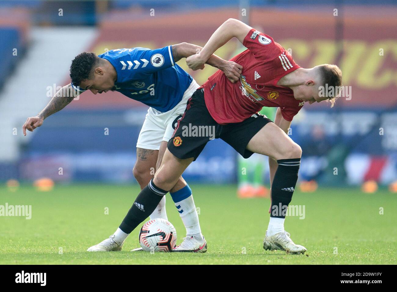 Liverpool. 8th Nov, 2020. Manchester United's Scott McTominay (R) vies with Everton's Allan during the Premier League match between Everton and Manchester United at Goodison Park Stadium in Liverpool, Britain, on Nov. 7, 2020. Manchester United won 3-1. Credit: Xinhua/Alamy Live News Stock Photo
