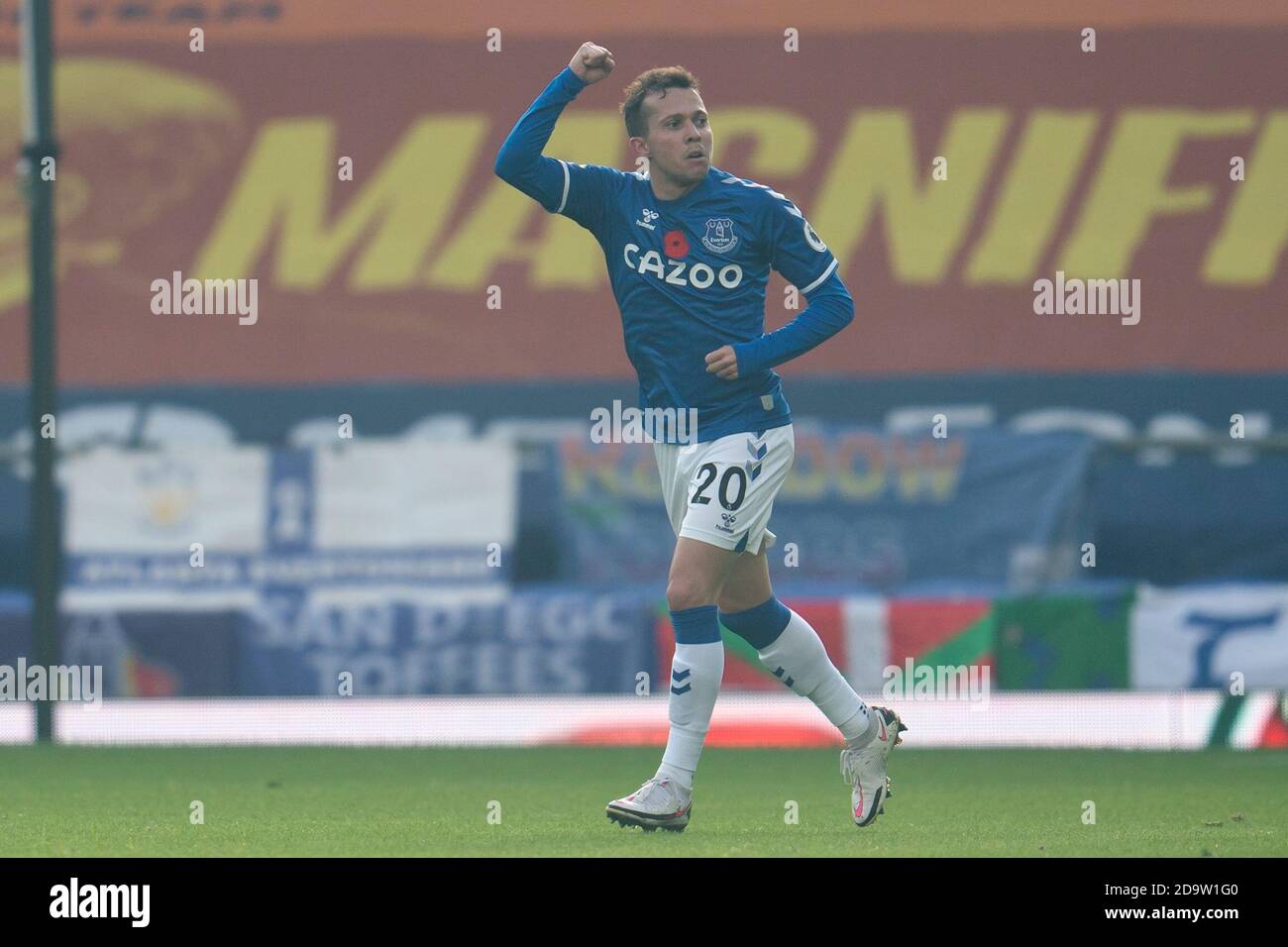 Liverpool. 8th Nov, 2020. Everton's Bernard celebrates after scoring during the Premier League match between Everton and Manchester United at Goodison Park Stadium in Liverpool, Britain, on Nov. 7, 2020. Manchester United won 3-1. Credit: Xinhua/Alamy Live News Stock Photo