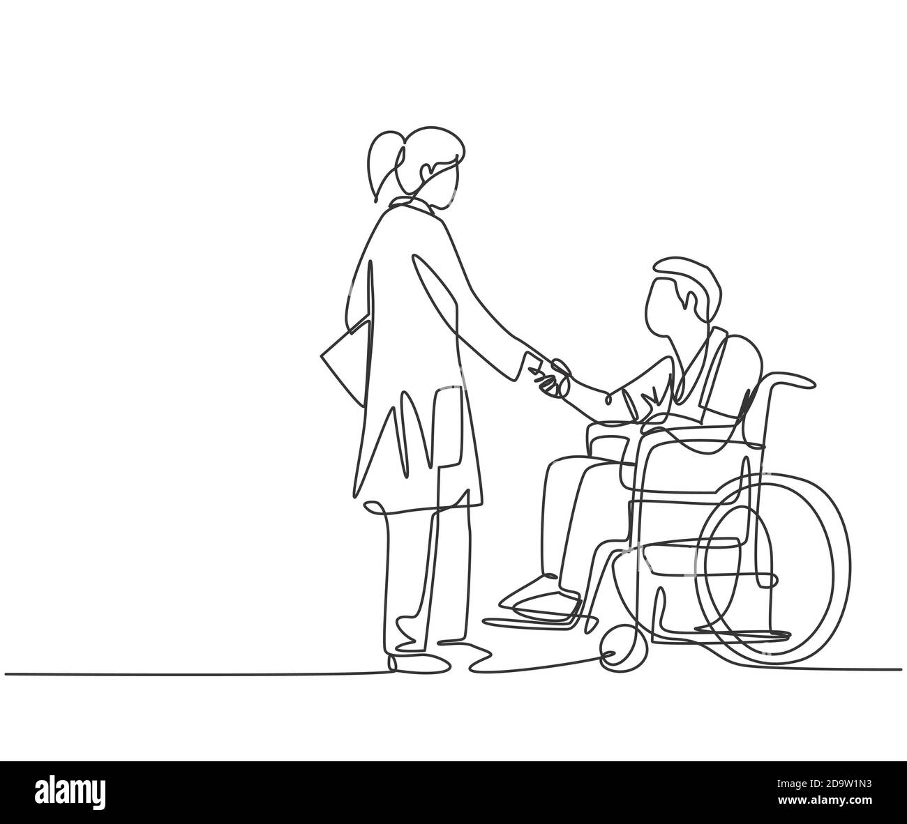 One line drawing of young female doctor visiting and handshaking the