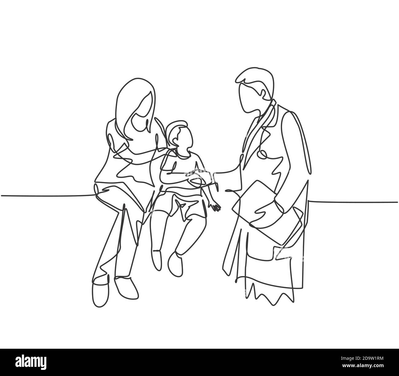 One line drawing of doctor handshaking young patient and check up his condition. Health care medical condition concept. continuous line drawing vector Stock Vector