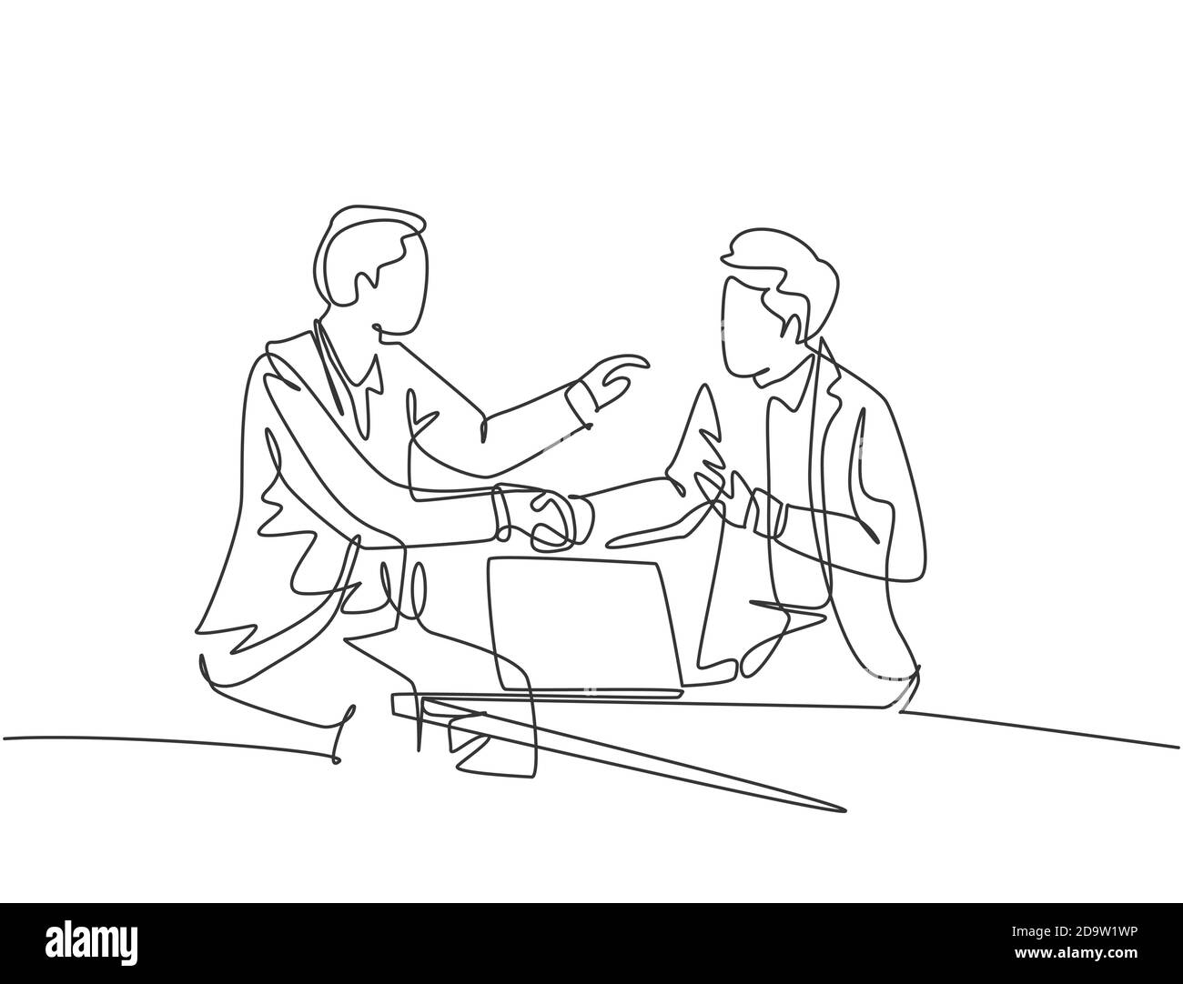 Continuous line drawing of business men handshake his colleague to deal ...