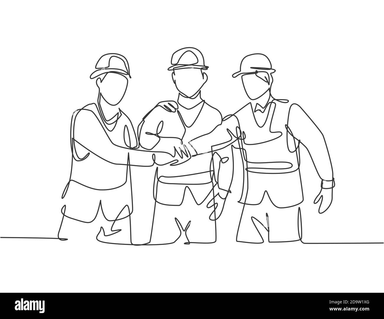 One line drawing of young builder and architect wearing construction