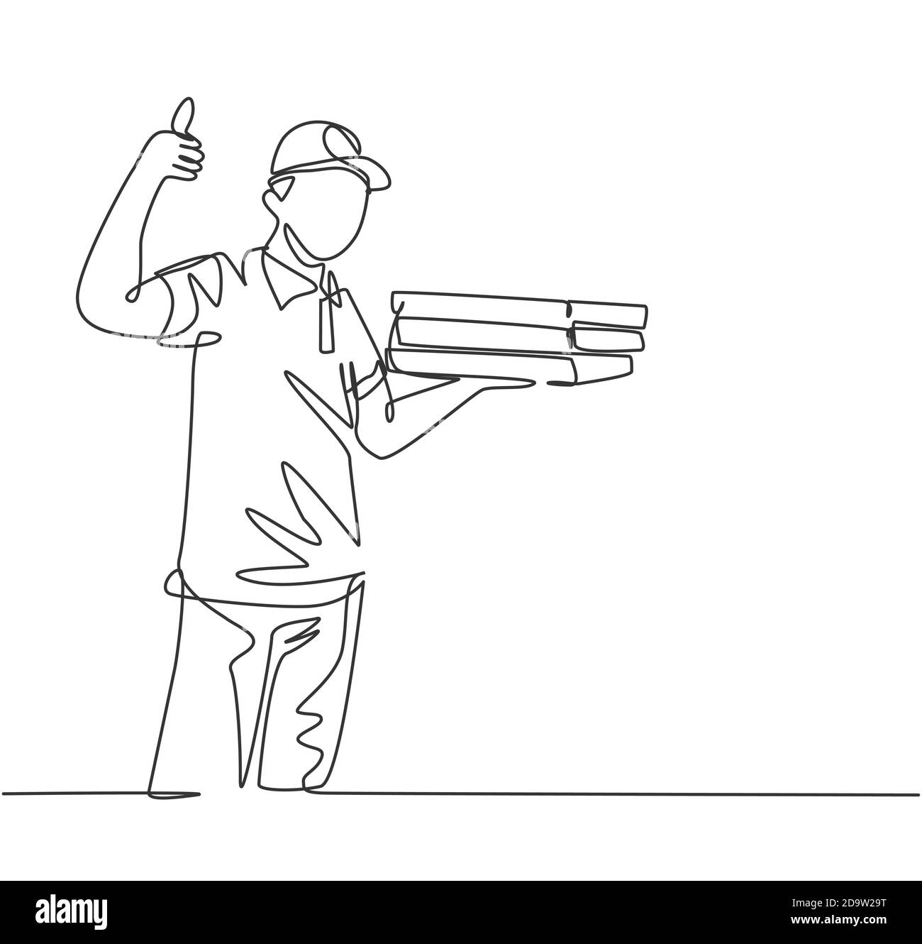 One line drawing of young happy pizza delivery man gives thumbs up
