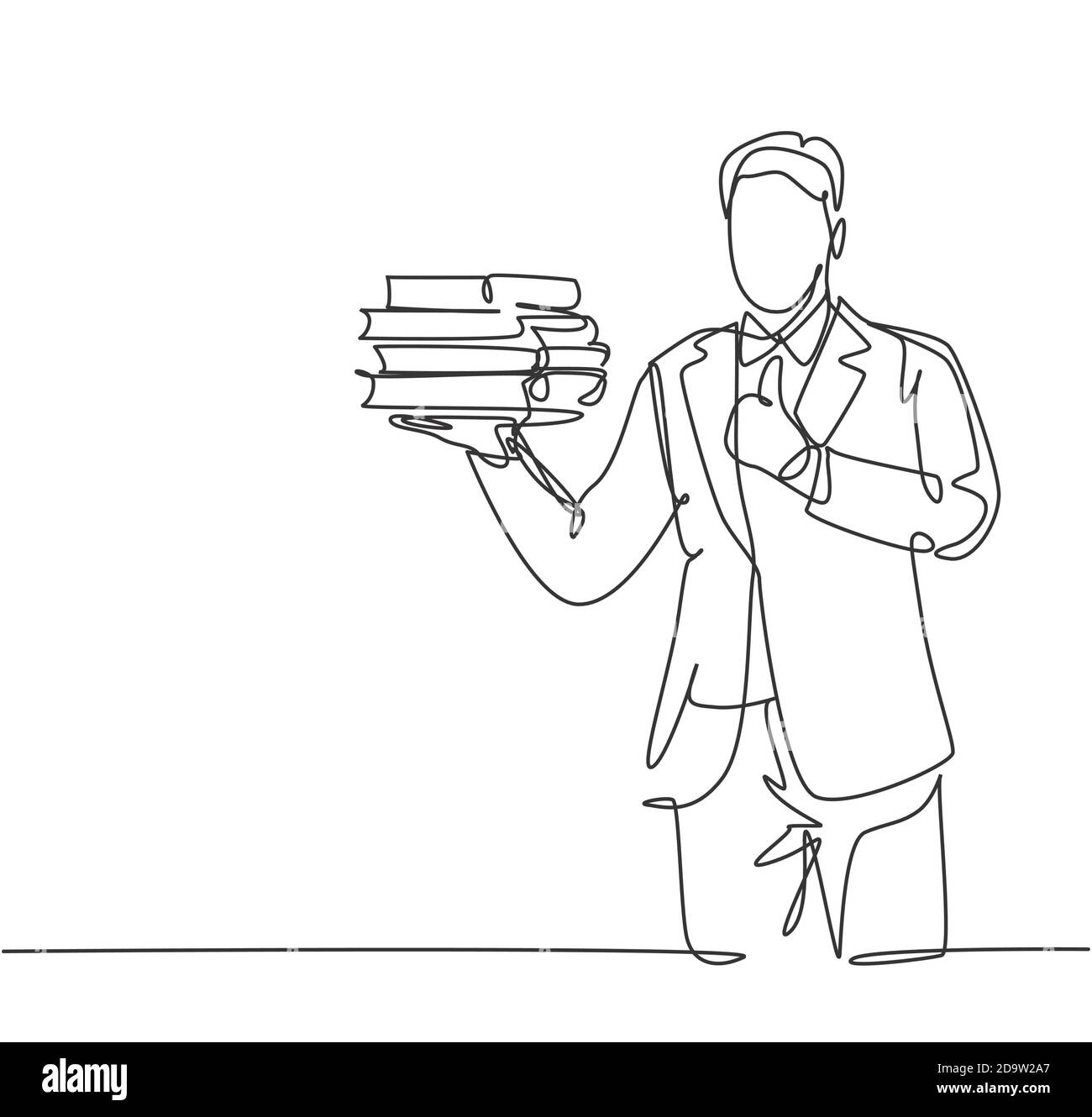 https://c8.alamy.com/comp/2D9W2A7/single-line-drawing-young-business-man-carrying-stack-of-books-on-his-hand-and-giving-thumbs-up-gesture-business-education-concept-continuous-line-2D9W2A7.jpg