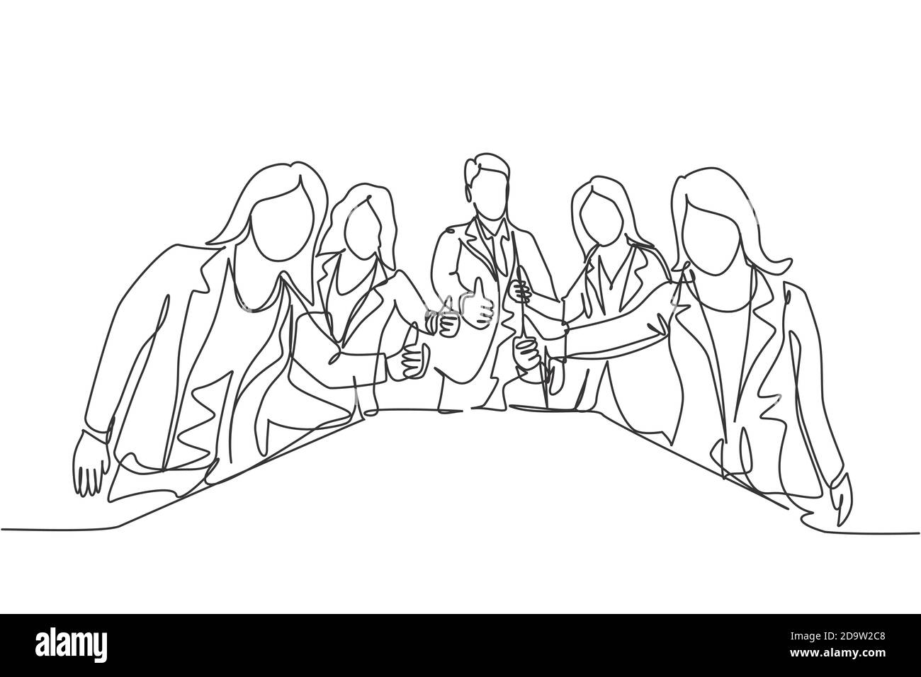 Single line drawing group of young happy businessmen and businesswoman ...