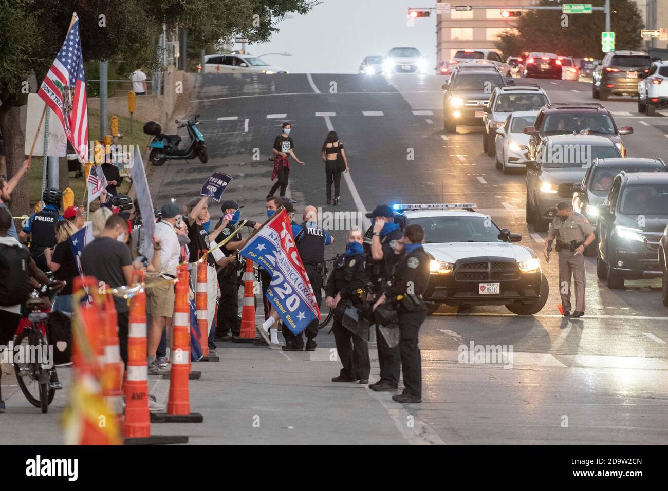 November 7, 2020, Austin, Texas, USA: Pro-Trump supporters rally at the Texas Capitol where Austin police and Texas troopers tried to keep Biden and Trump supporters apart.  The protest numbered a few hundred after Biden was declared the winner for President of the US on November 7, 2020. (Credit Image: © Bob Daemmrich/ZUMA Wire) Stock Photo