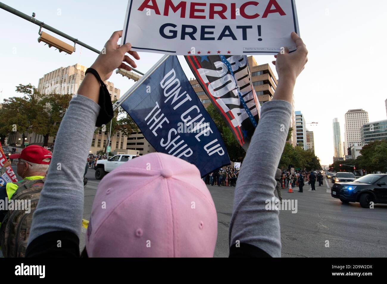 November 7, 2020, Austin, Texas, USA: Pro-Trump supporters rally at the Texas Capitol where Austin police and Texas troopers tried to keep Biden and Trump supporters apart.  The protest numbered a few hundred after Biden was declared the winner for President of the US on November 7, 2020. (Credit Image: © Bob Daemmrich/ZUMA Wire) Stock Photo