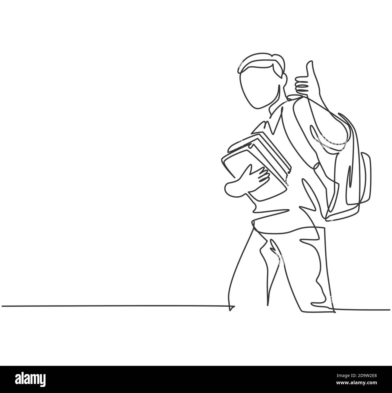 One line drawing of young happy elementary school boy student carrying stack of books and giving thumbs up gesture. Education concept continuous line Stock Vector