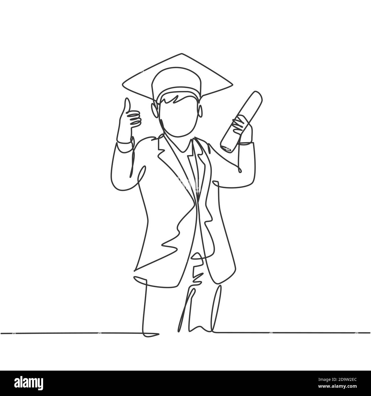 One line drawing of young happy boy student wearing graduation hat and  giving thumbs up gesture while holding graduation paper roll. Education  concept Stock Vector Image & Art - Alamy