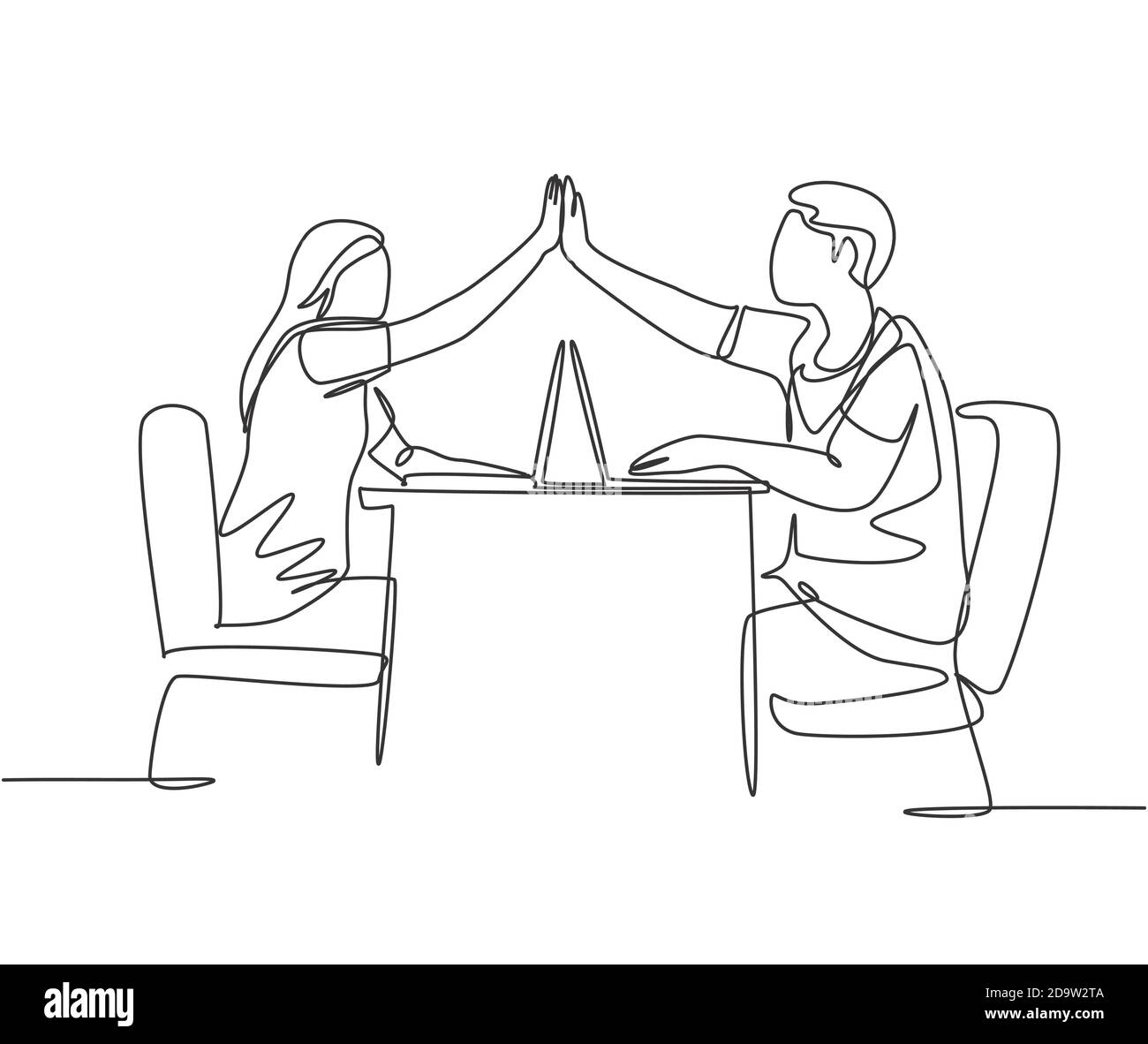 One line drawing of two young happy couple man and woman work at cafe and giving high five gesture to celebrate successful. Business deal concept Stock Vector