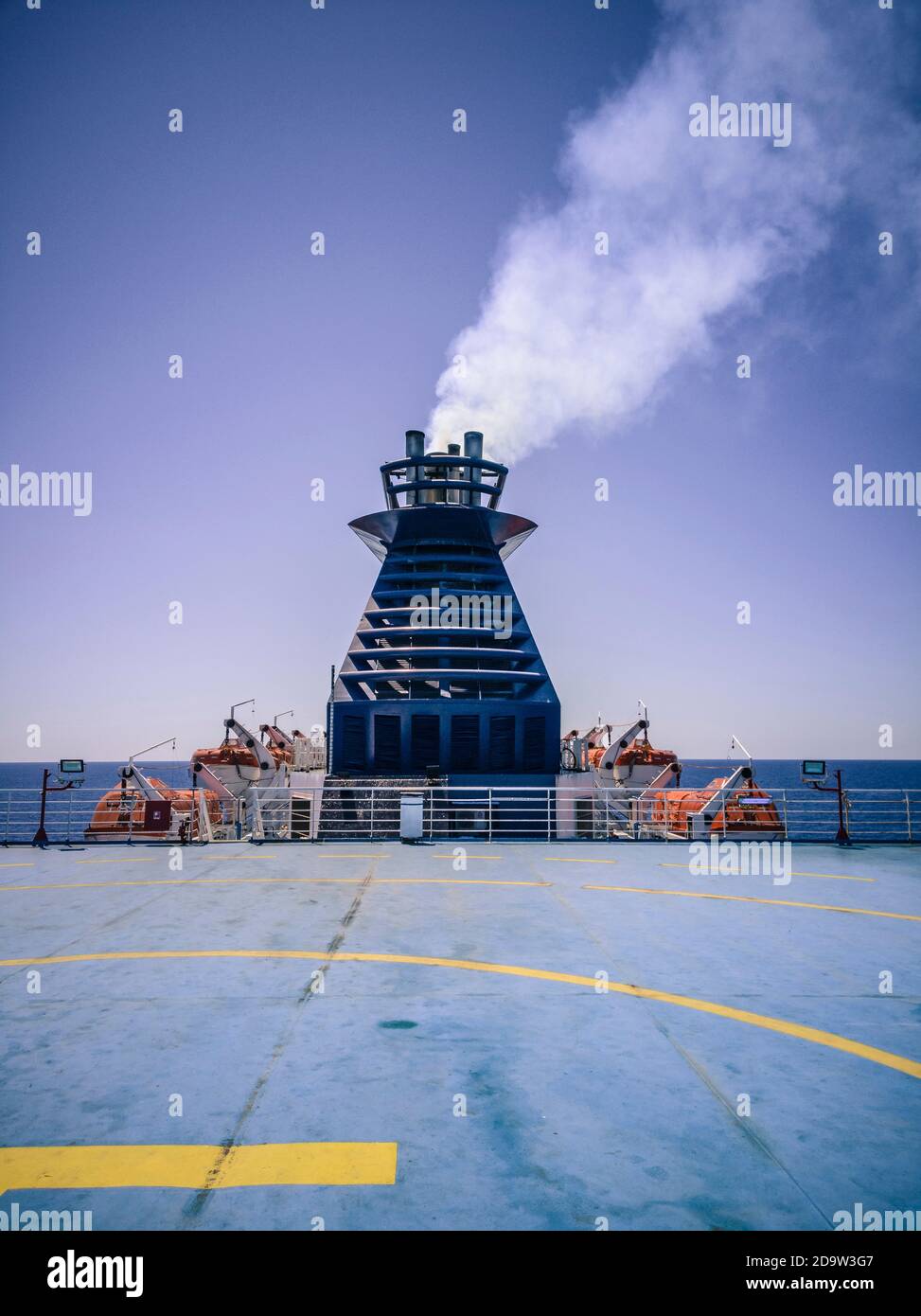Ferry Exhaust Gas during a travel in the sea Stock Photo