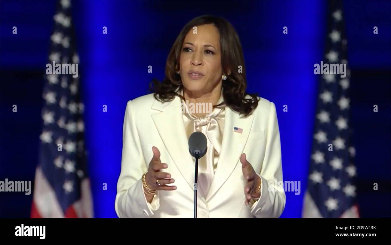 In this image from the Biden Campaign video feed, United States Vice President-elect Kamala Harris, makes remarks to the nation after being declared the victor of the 2020 US presidential election from the Chase Center in Wilmington, Delaware on Saturday, November 7, 2020.Credit: Biden Campaign via CNP | usage worldwide Stock Photo