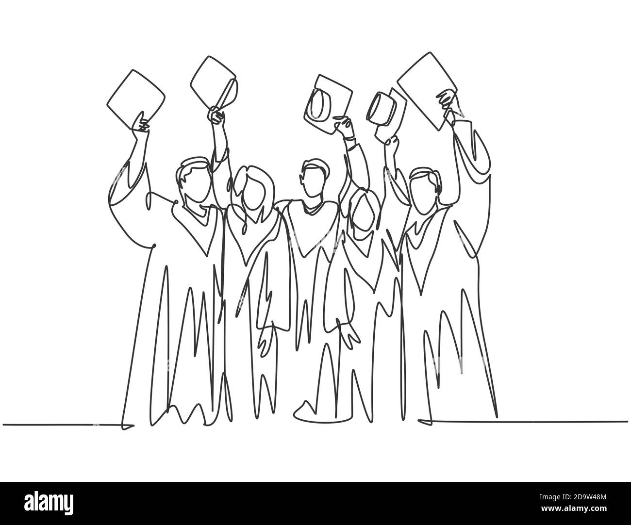 One single line drawing of group of male and female college student
