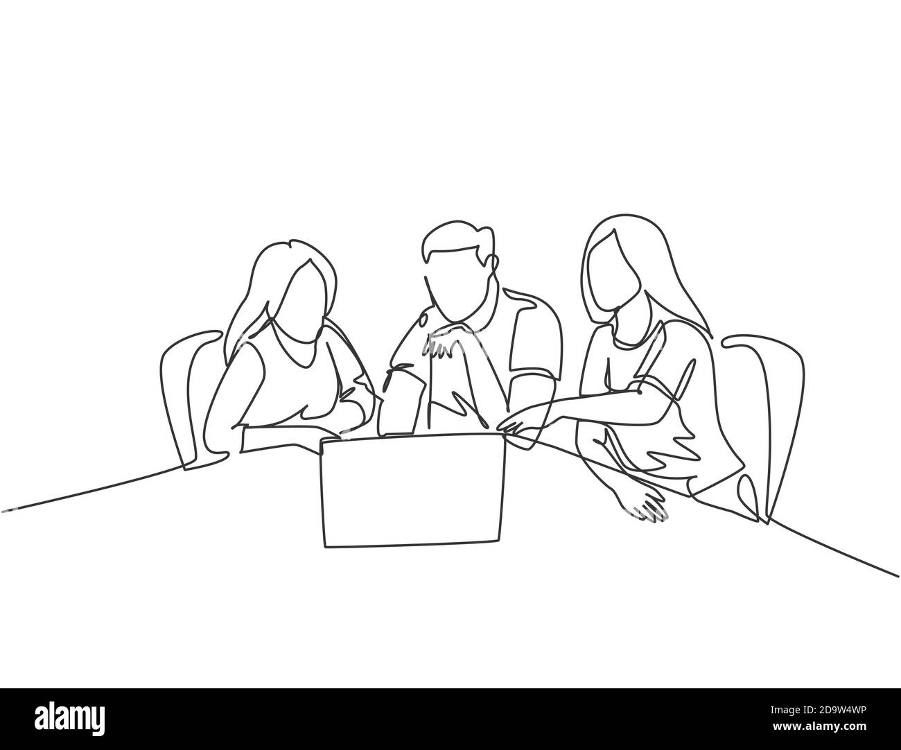 Single continuous line drawing of young business man and business woman