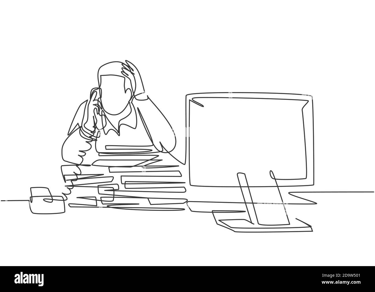 Single continuous line drawing of young bored male worker receiving phone call from customer behind stack of paper. Daily overload job at the office Stock Vector