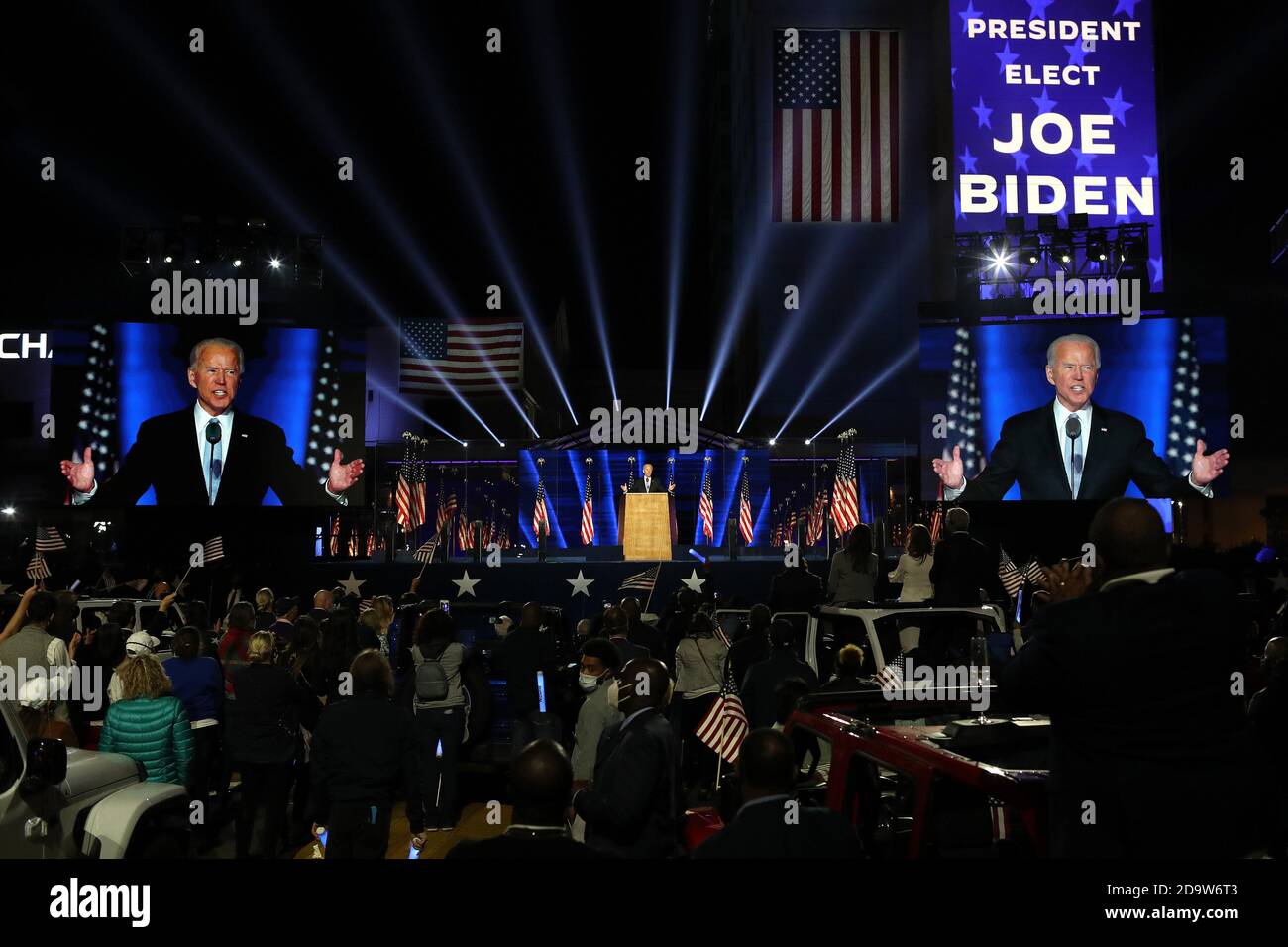 Wilmington, United States. 07th Nov, 2020. President-elect Joe Biden addresses the nation from the Chase Center on Saturday, November 7, 2020 in Wilmington, Delaware. After four days of counting the high volume of mail-in ballots in key battleground states due to the coronavirus pandemic, the race was called for Biden after a contentious election battle against incumbent Republican President Donald Trump. Pool photo by Tasos Katopodis/UPI Credit: UPI/Alamy Live News Stock Photo