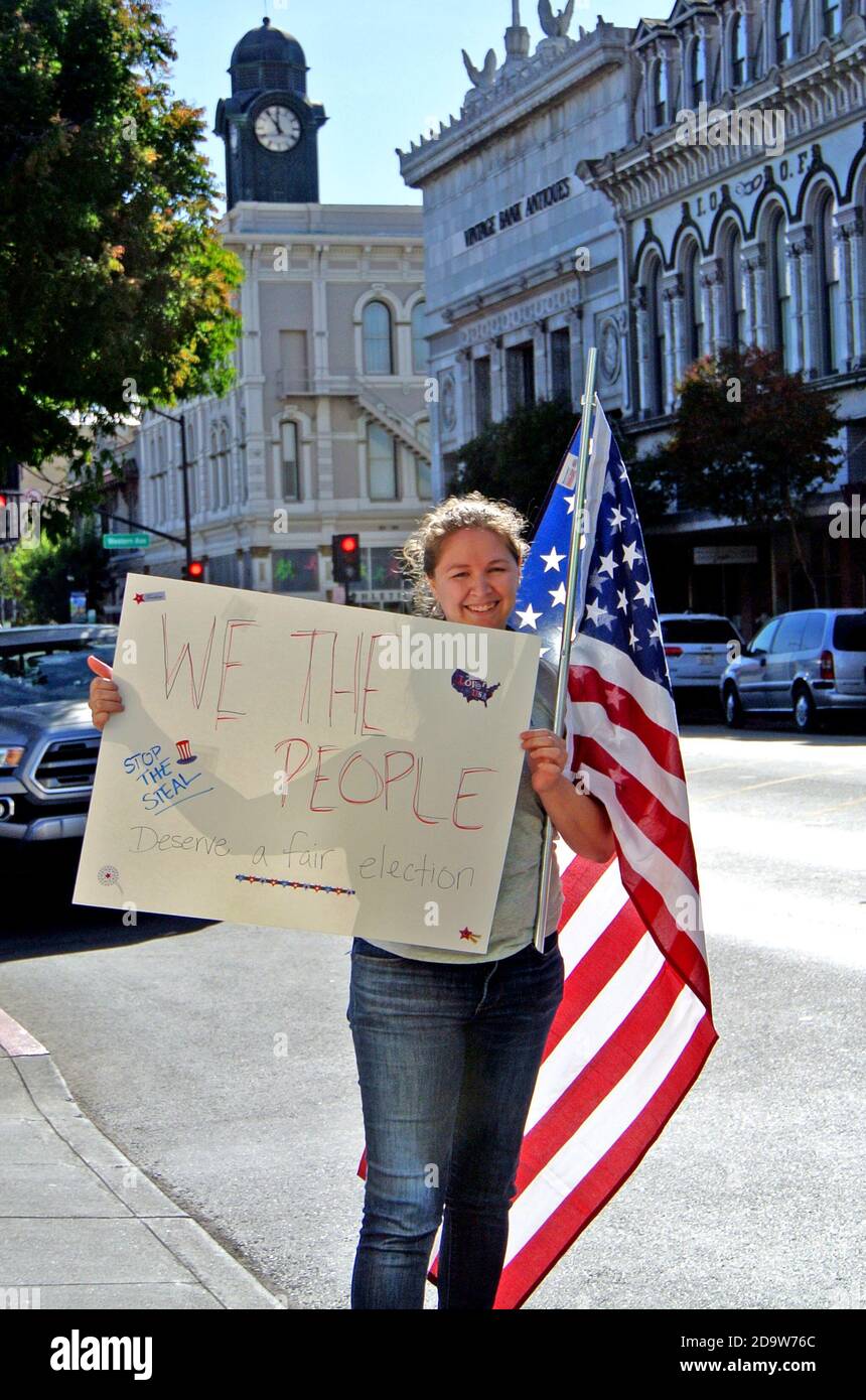 trump supporter protests early declaration of president 2020 winner on petaluma street Stock Photo