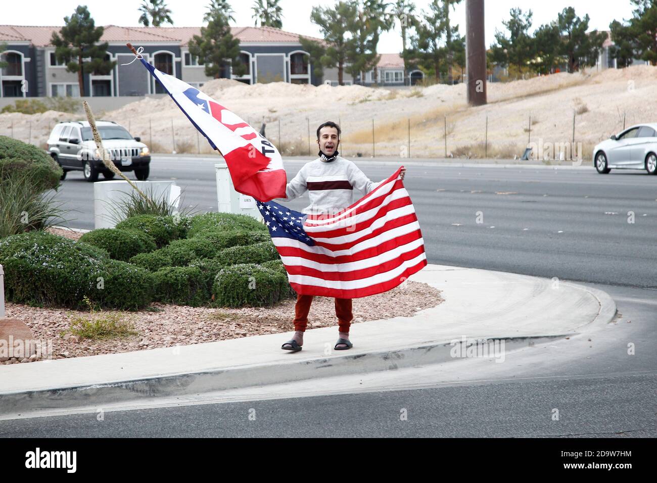 Las Vegas, United States. 07th Nov, 2020. A lone counter protester is seen across the street during a protest of Trump supporters outside the Clark County Elections Center in North Las Vegas on Saturday, November 7, 2020. Photo by James Atoa/UPI Credit: UPI/Alamy Live News Stock Photo